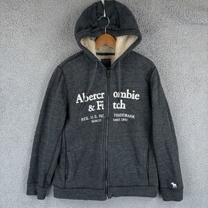 Abercrombie & Fitch Hoodie Mens Medium Gray Sherpa Lined Spellout Jacket Y2K